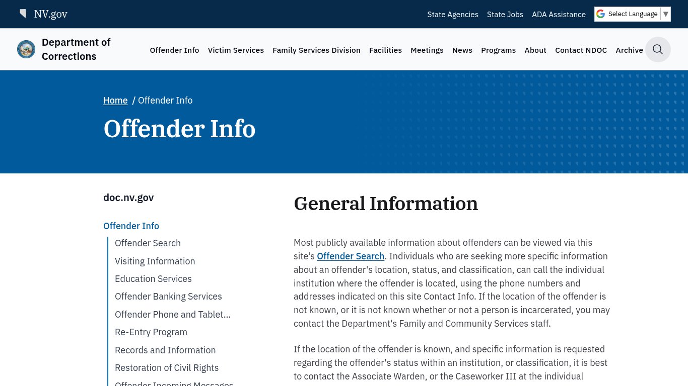 Nevada Department of Corrections Inmate Search